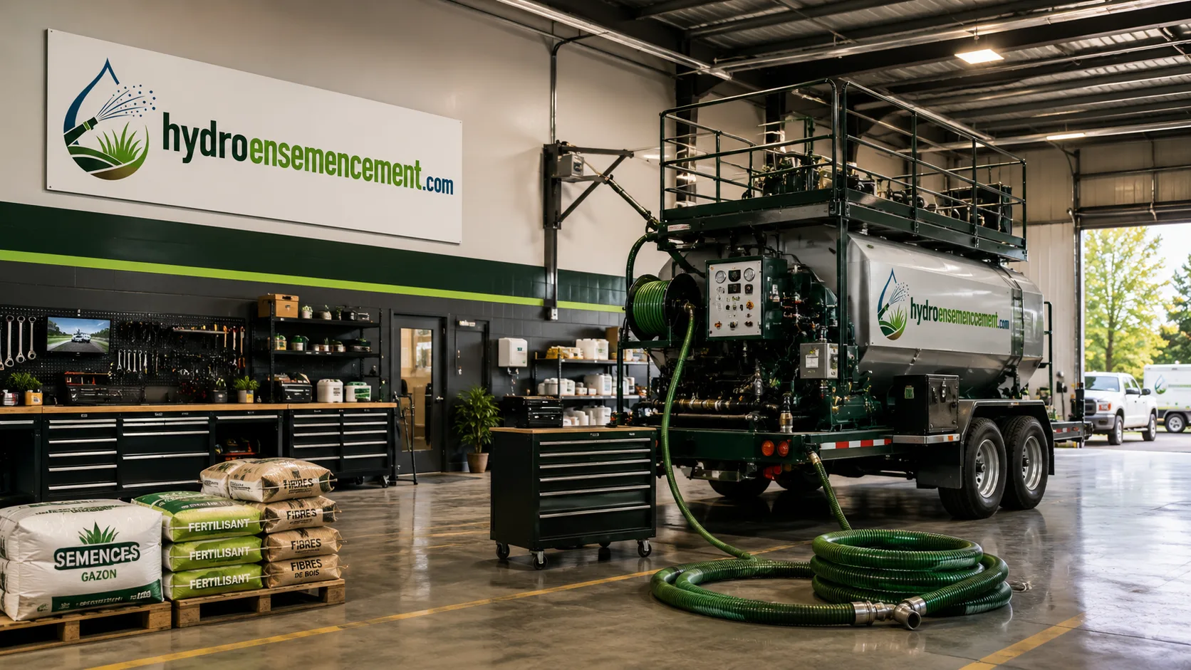 Camion hydro-ensemenceur et matériaux dans un atelier