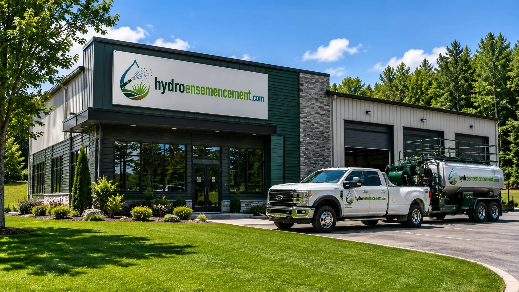 Camion hydro-ensemenceur prêt à partir devant un bâtiment
